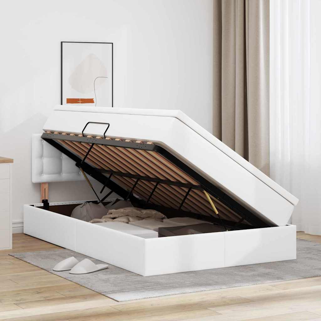 Förvaringssäng med LED Ren Vit 120 x 200 cm Konstläder