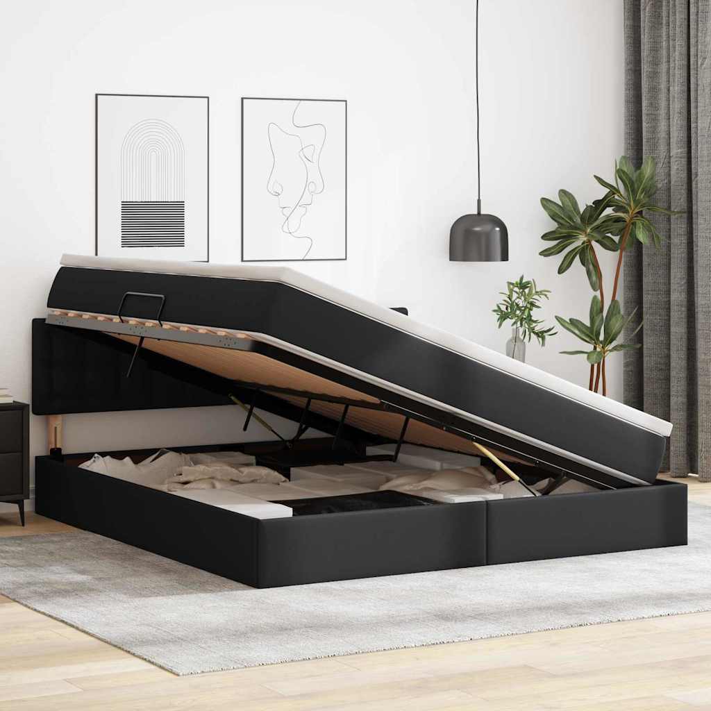 Förvaringssäng med LED Svart 160 x 200 cm Konstläder