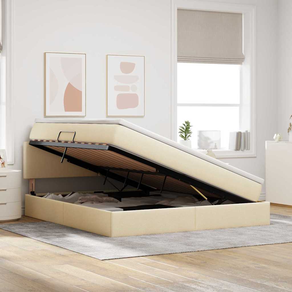 Förvaringssäng med LED med madrass Kräm 180 x 200 cm Polyester