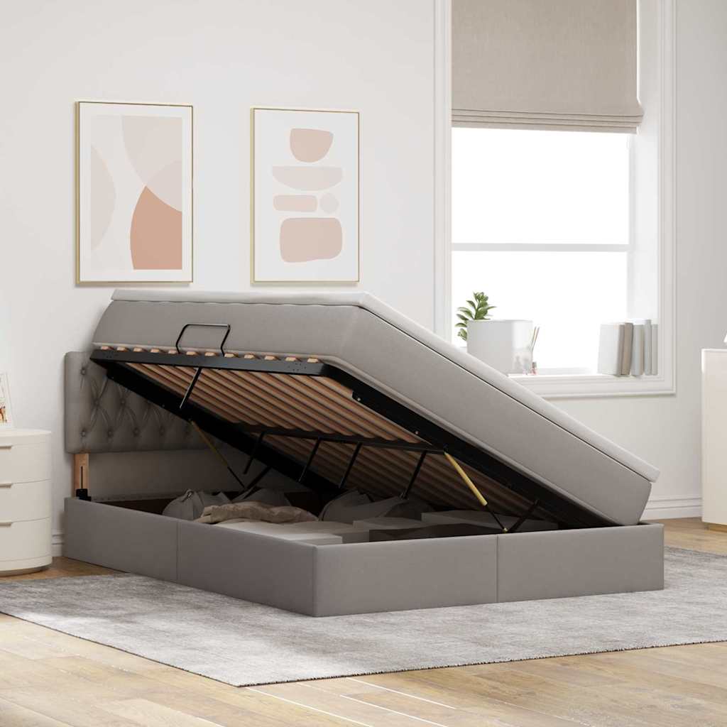 Förvaringssäng med LED med madrass Taupe 140 x 190 cm Polyester