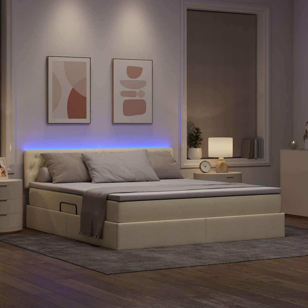 Förvaringssäng med LED med madrass Kräm 180 x 200 cm Polyester