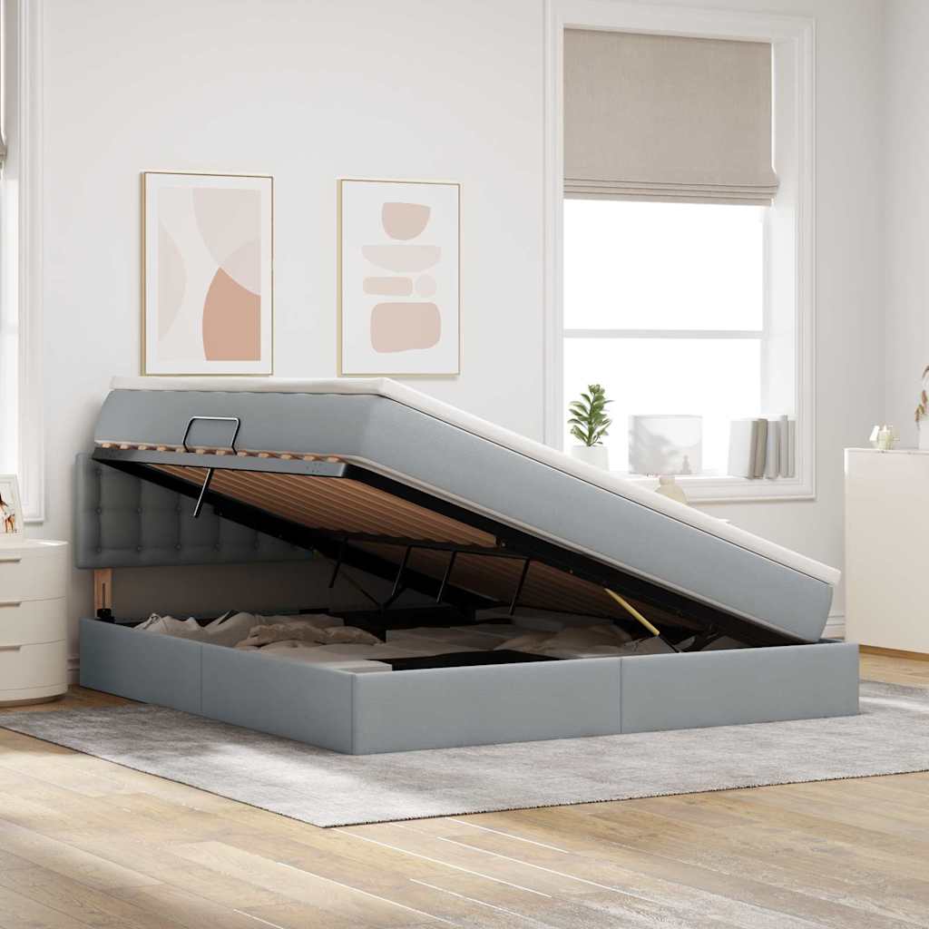 Förvaringssäng med LED Ljusgrå 160 x 200 cm Polyester