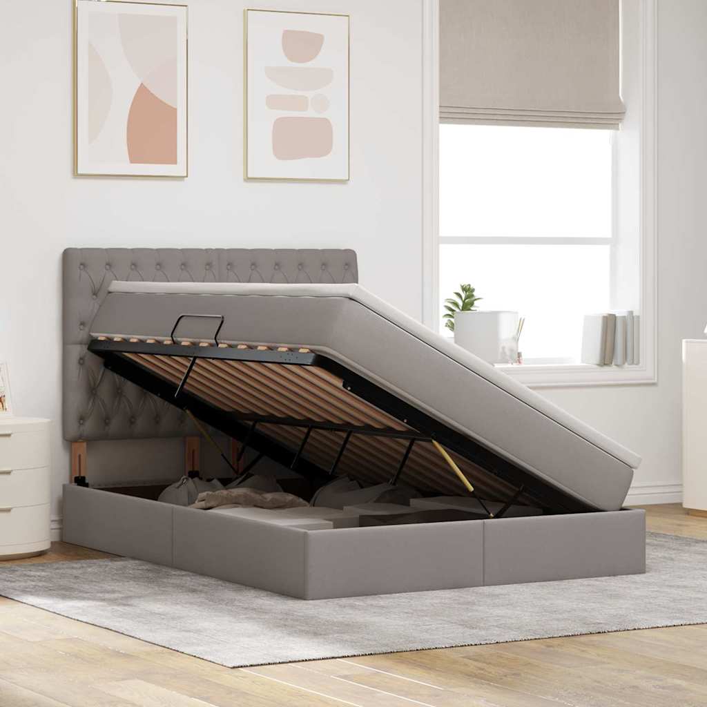 Förvaringssäng med LED med madrass Taupe 140 x 190 cm Polyester