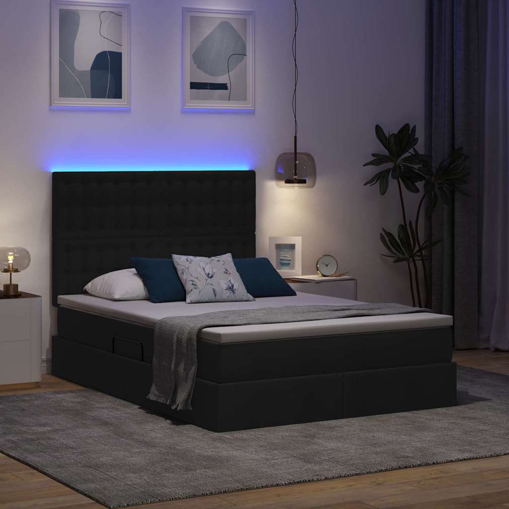 Förvaringssäng med LED med madrass Svart 140 x 200 cm Polyester