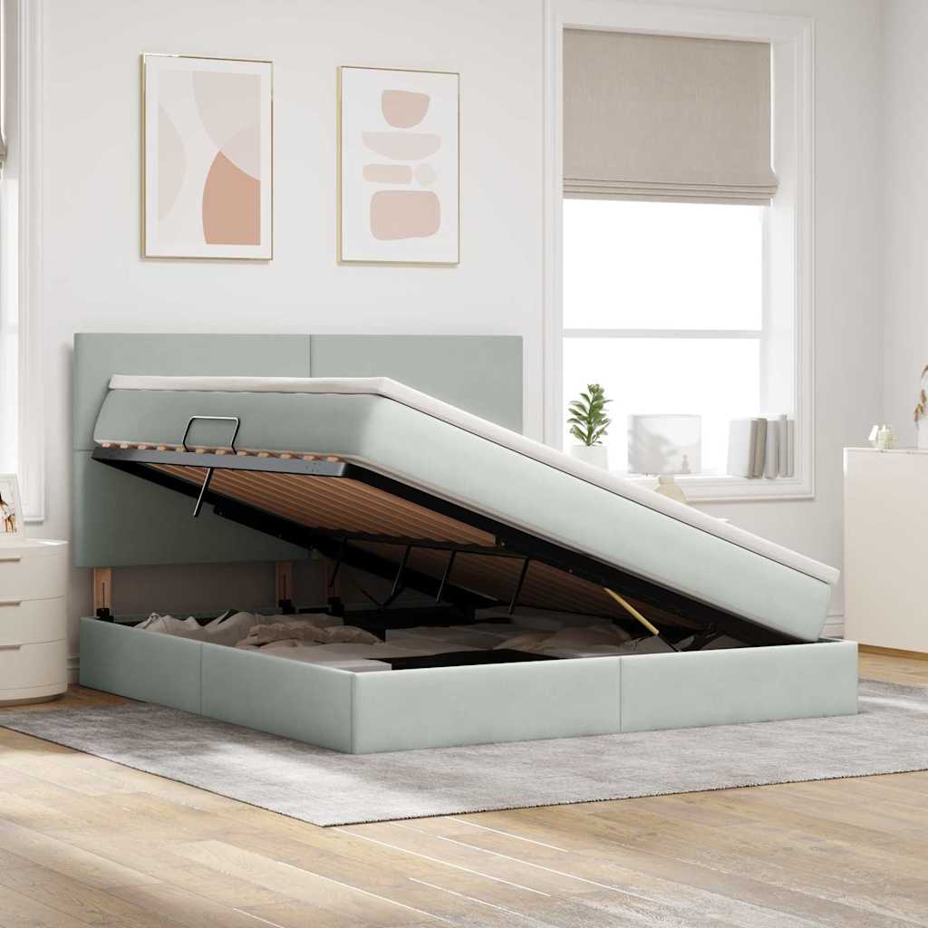 Förvaringssäng med LED med madrass Ljusgrå 180 x 200 cm Sammet