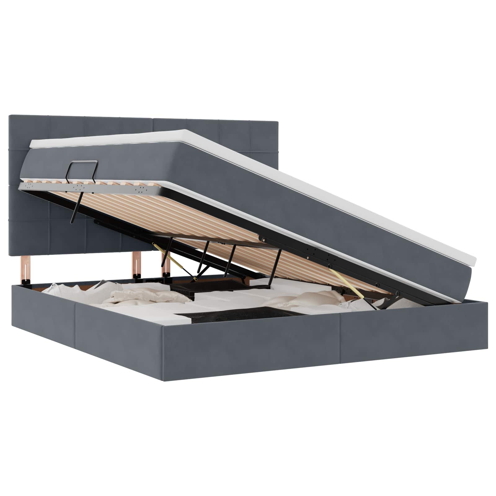Förvaringssäng med LED med madrass Mörkgrå 160 x 200 cm Sammet