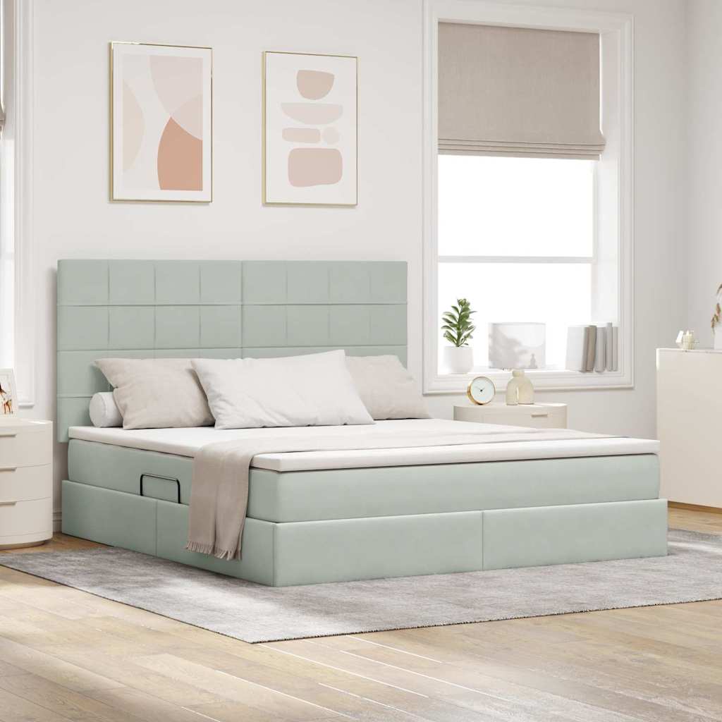 Förvaringssäng med LED med madrass Ljusgrå 180 x 200 cm Sammet