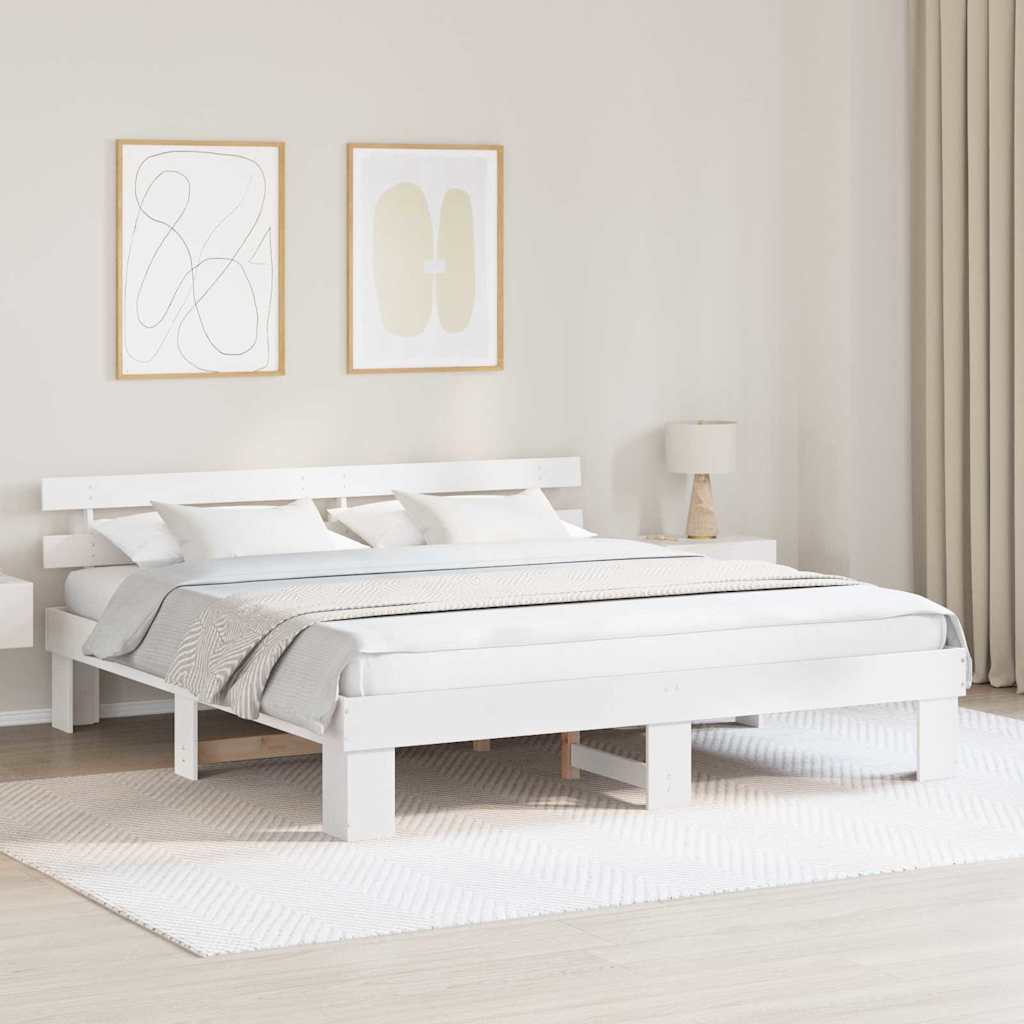 Sängram med huvudgavel Vit 200 x 200 cm Massiv furu