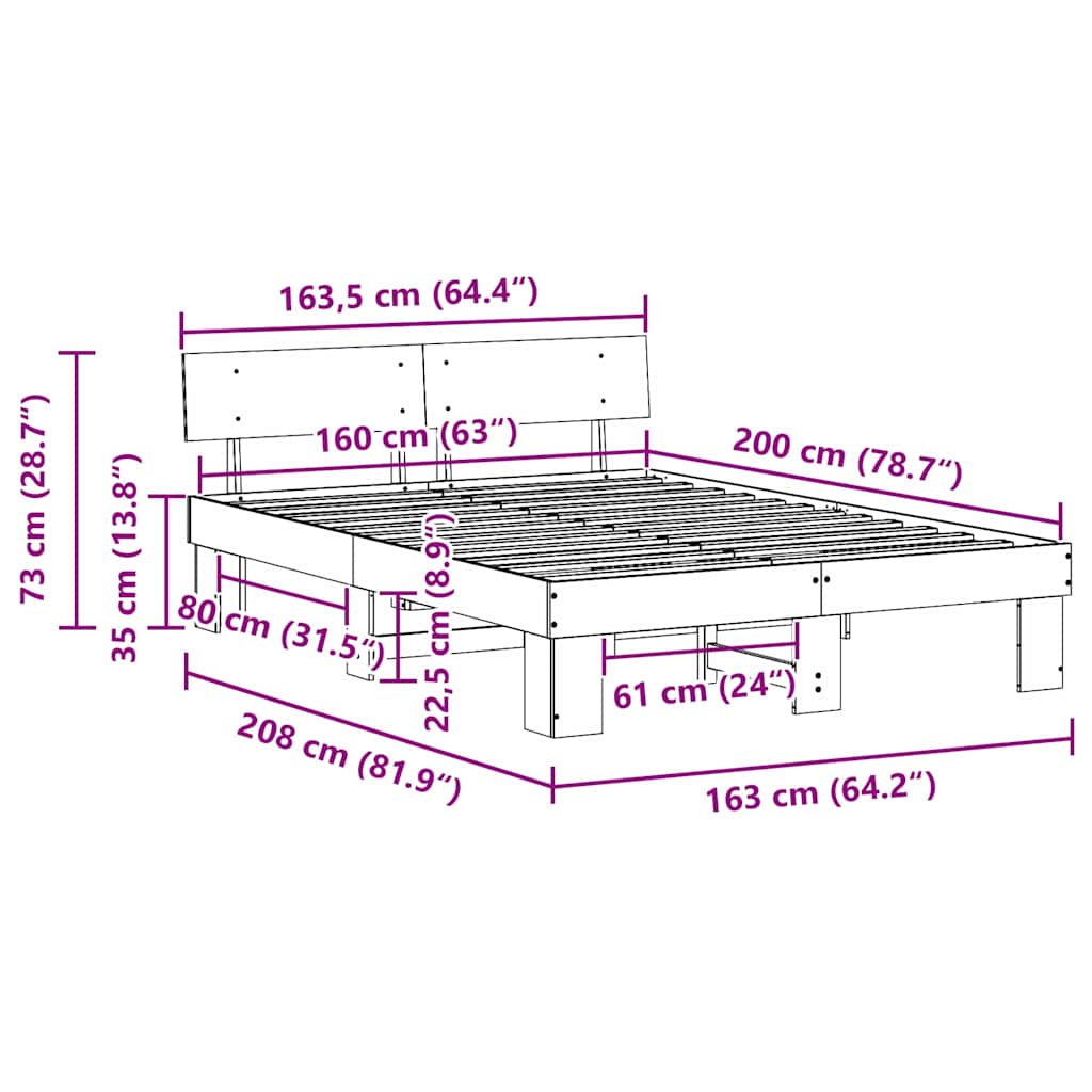 Sängram med huvudgavel Vaxbrun 160 x 200 cm Massiv furu