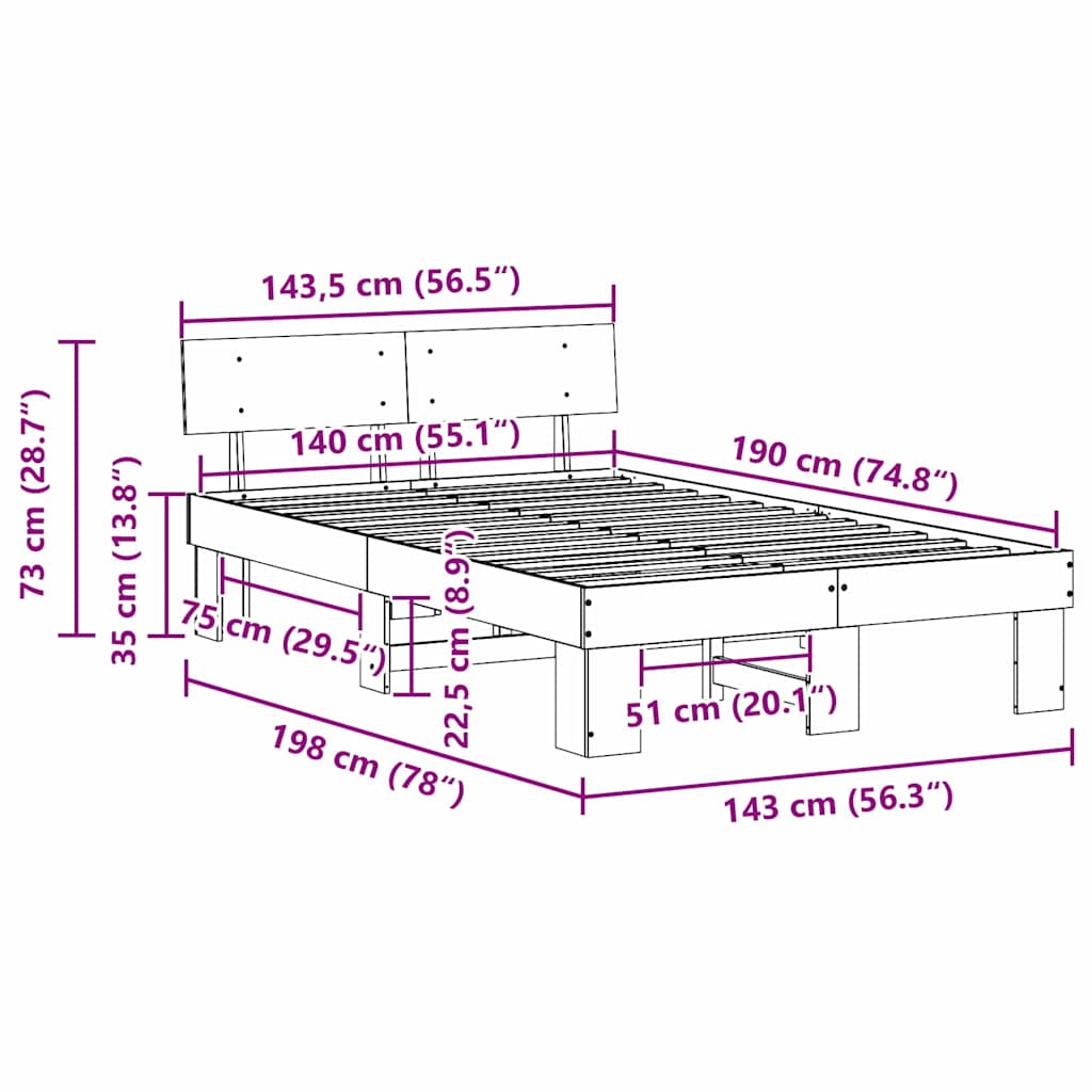 Sängram med huvudgavel Vaxbrun 140 x 190 cm Massiv furu