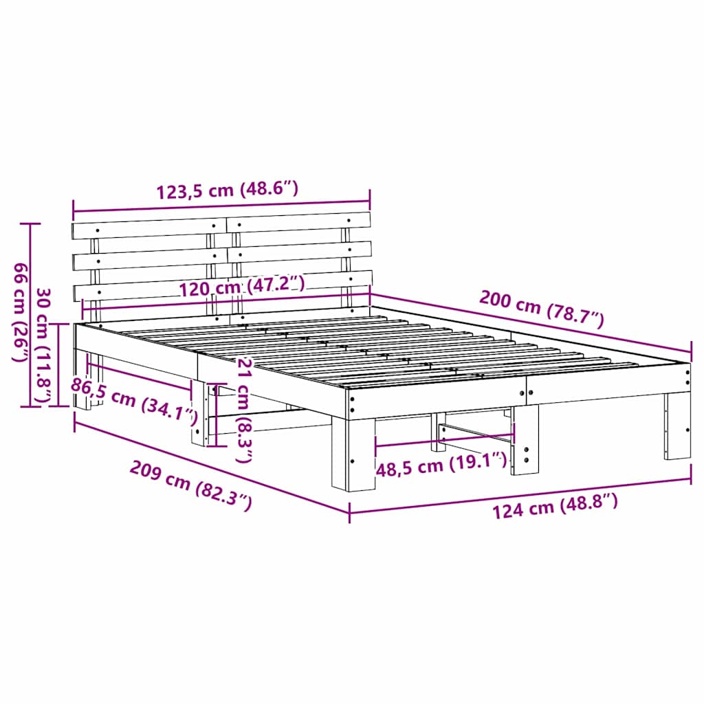 Sängram med huvudgavel Vaxbrun 120 x 200 cm Massiv furu