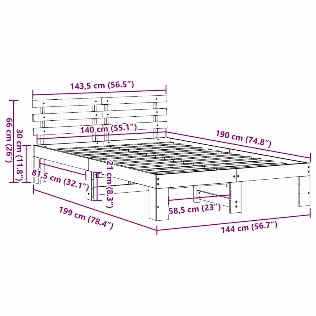 Sängram med huvudgavel Naturfärg 140 x 190 cm Massiv furu