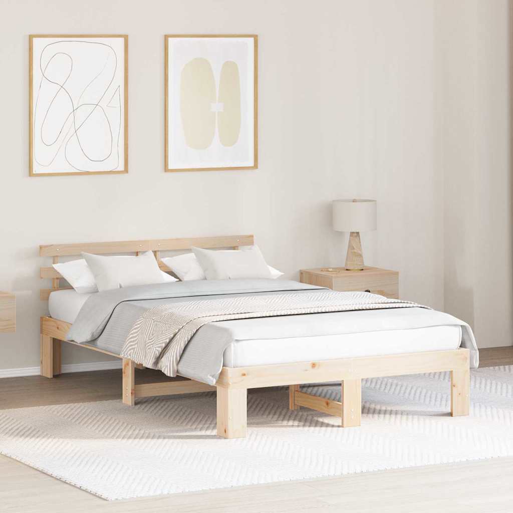 Sängram med huvudgavel Naturfärg 135 x 190 cm Massiv furu