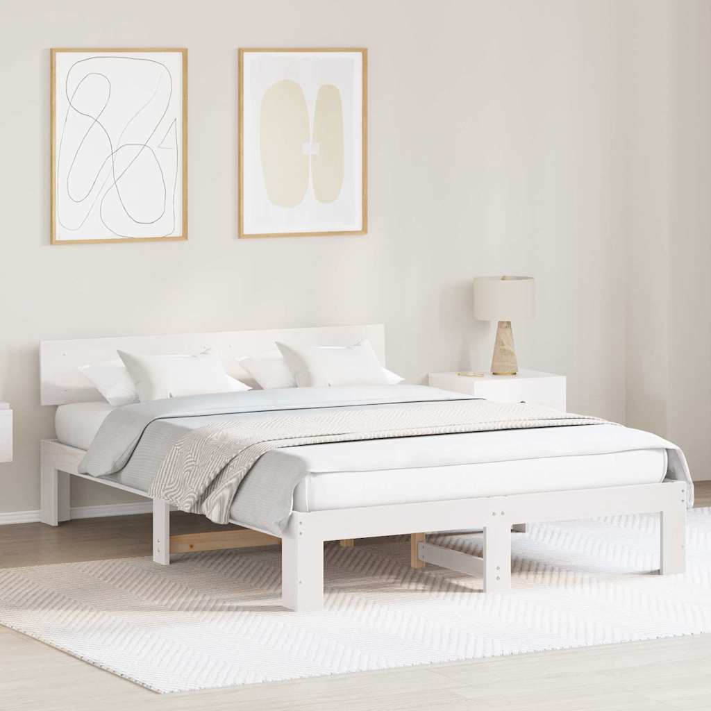 Sängram med huvudgavel Vit 160 x 200 cm Massiv furu
