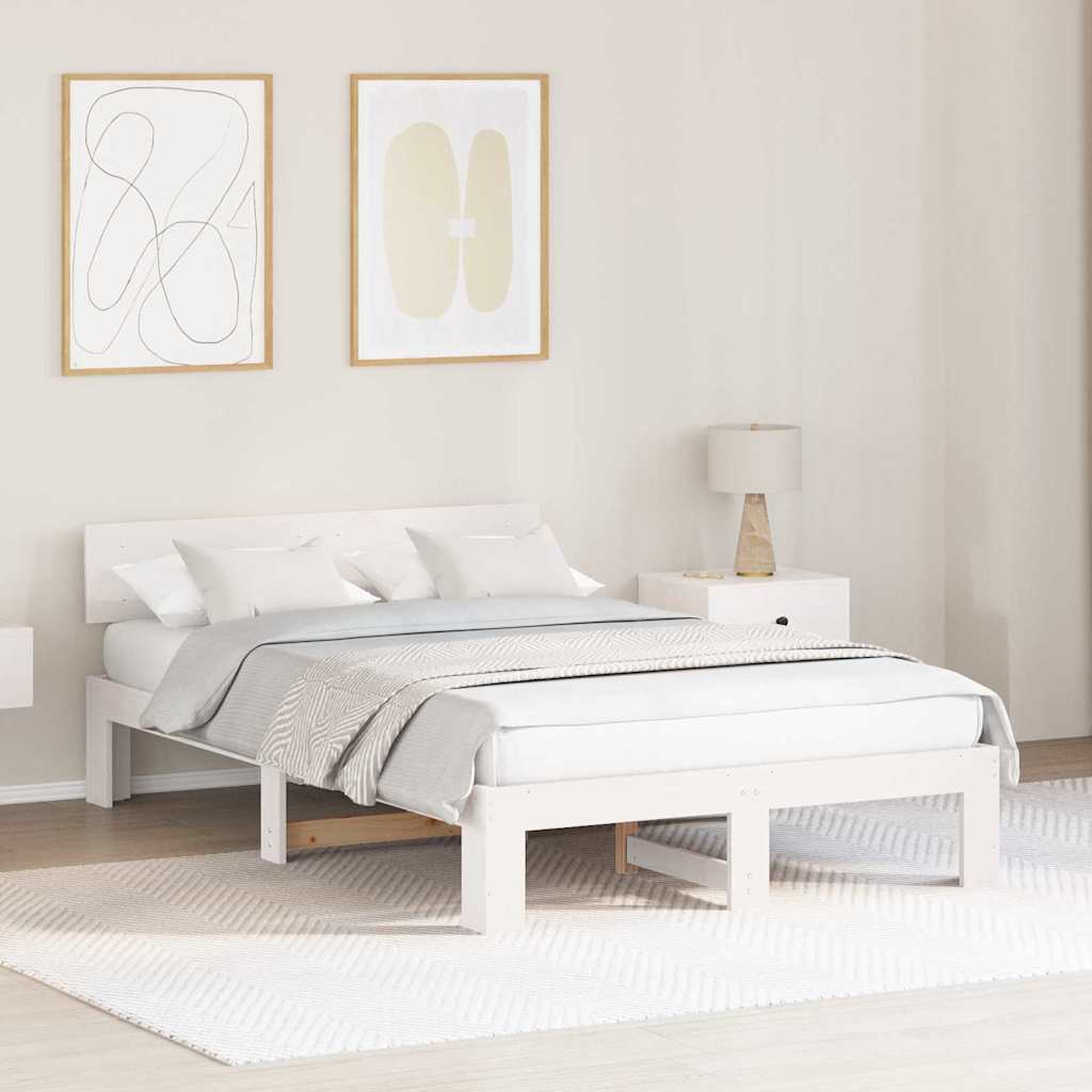 Sängram med huvudgavel Vit 135 x 190 cm Massiv furu