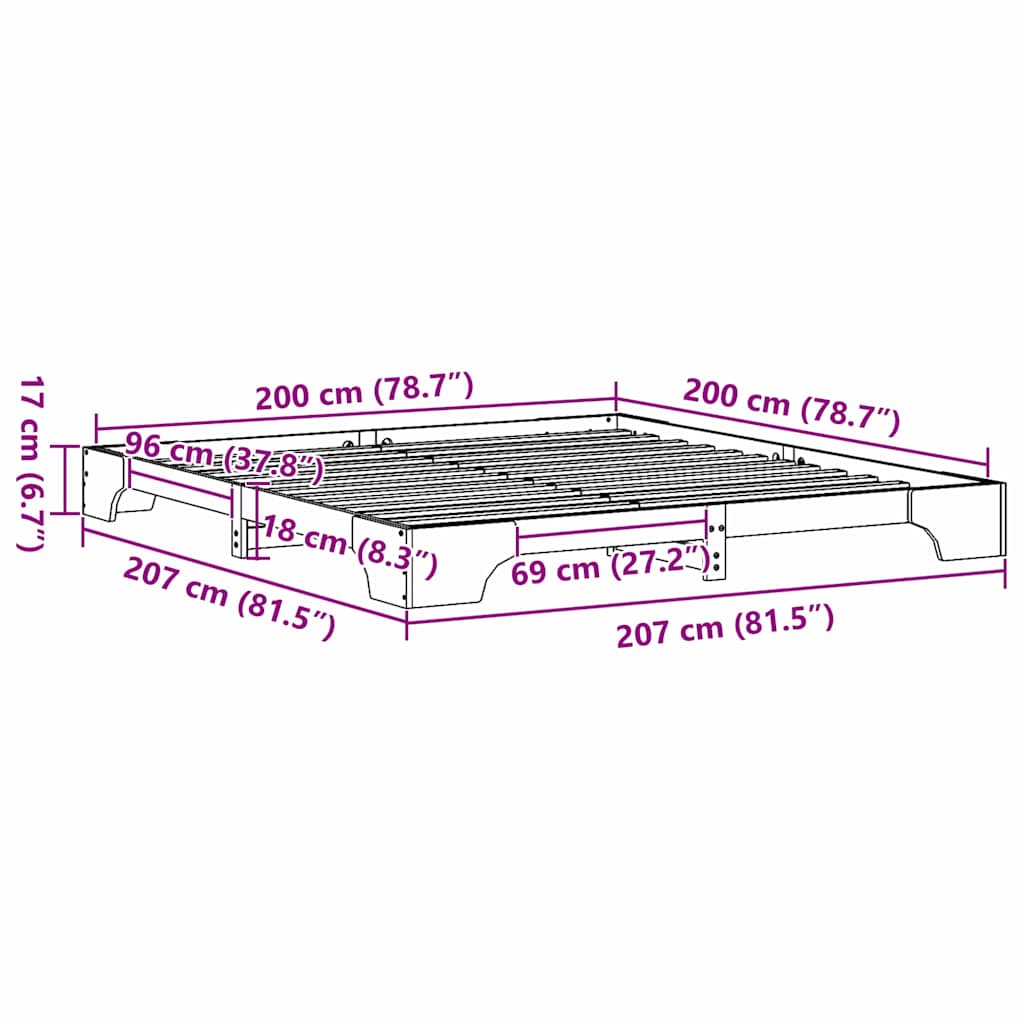 Sängram Vit 200 x 200 cm Massiv furu