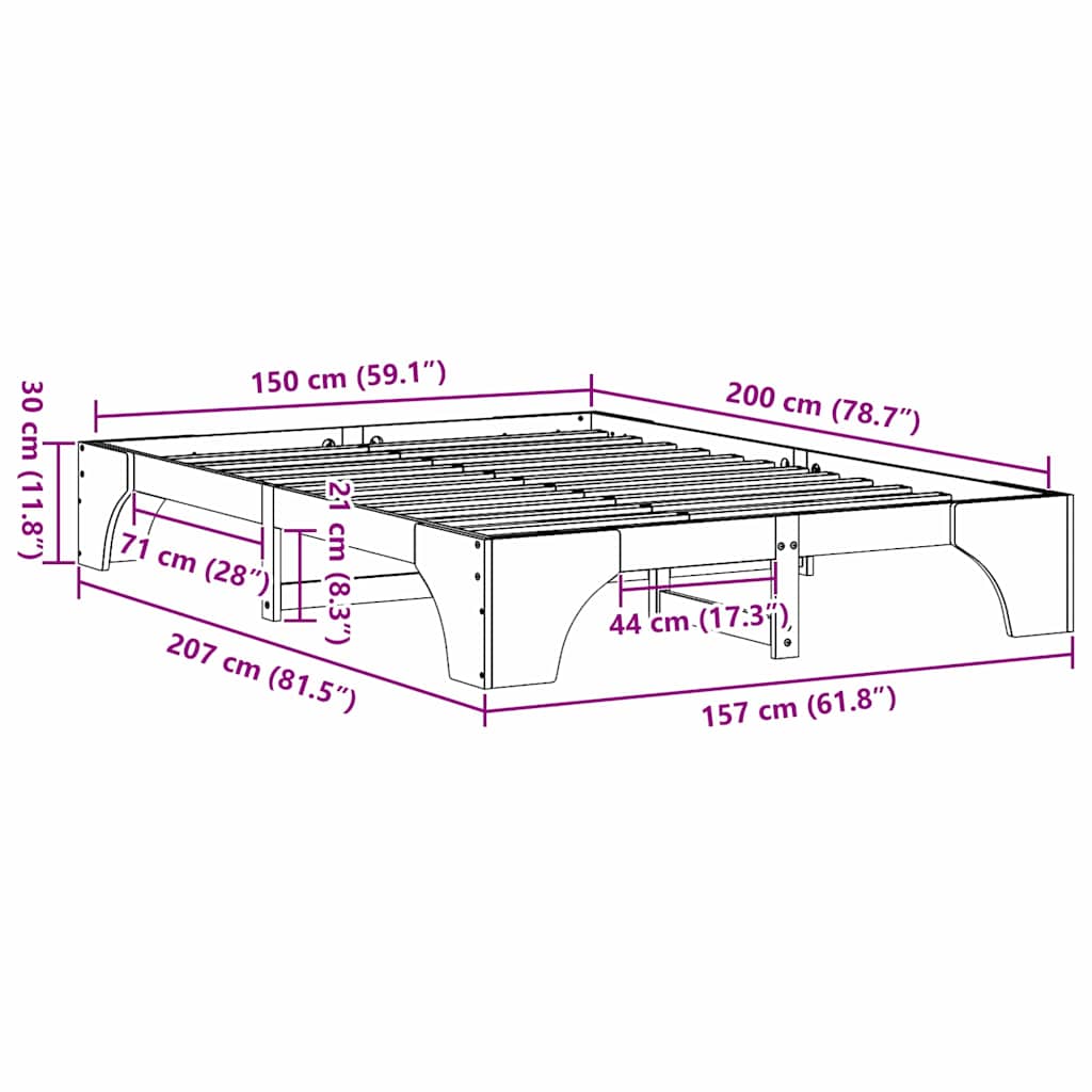 Sängram Naturfärg 150 x 200 cm Massiv furu