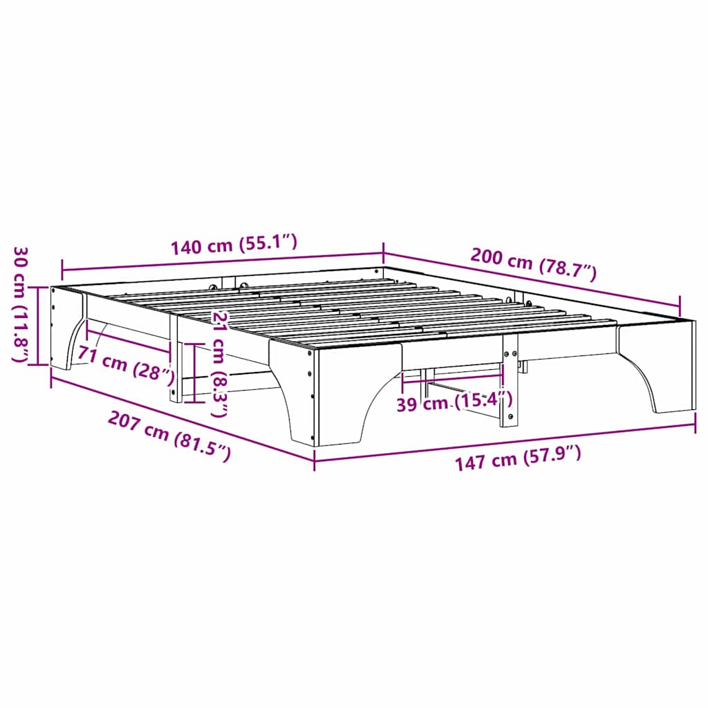 Sängram Naturfärg 140 x 200 cm Massiv furu
