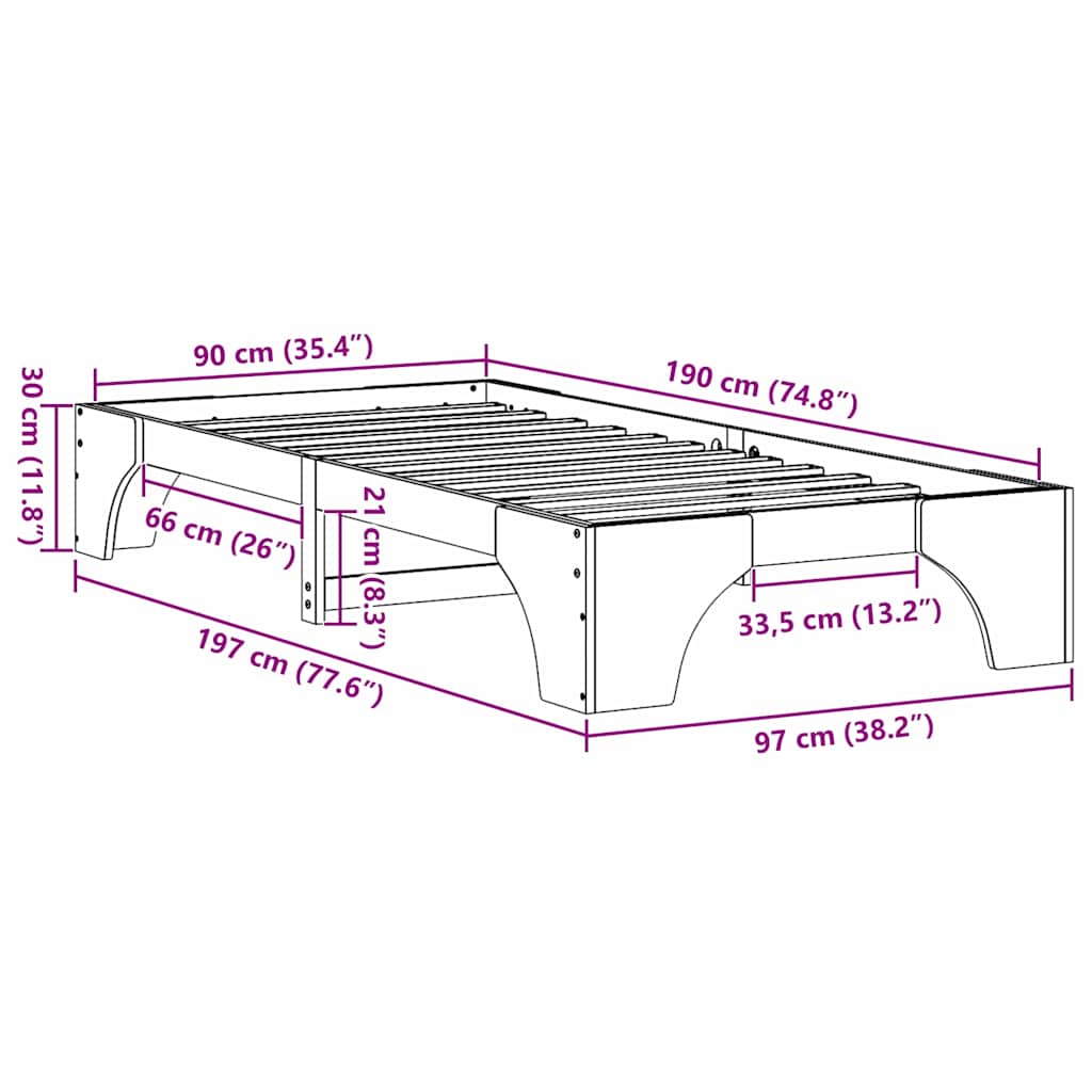 Sängram Naturfärg 90 x 190 cm Massiv furu