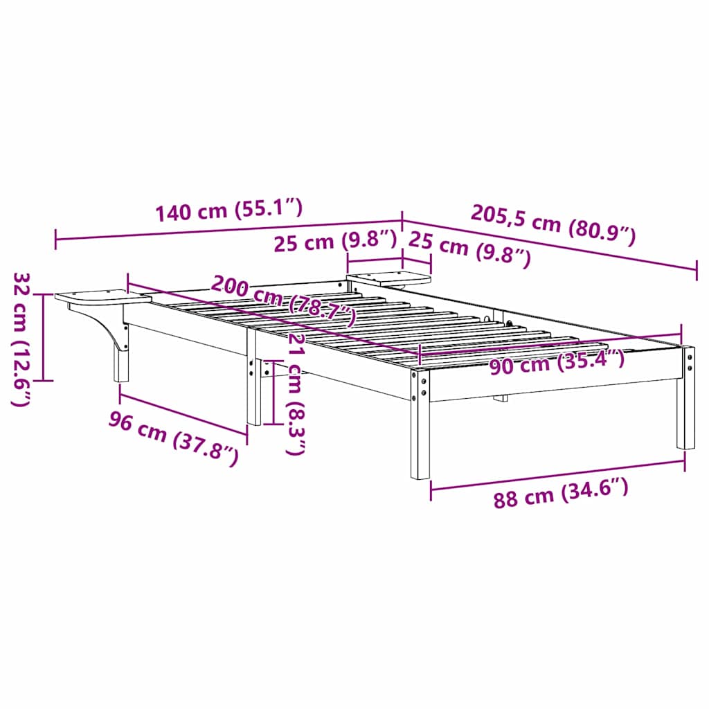 Sängram Naturfärg 90 x 200 cm Massiv furu
