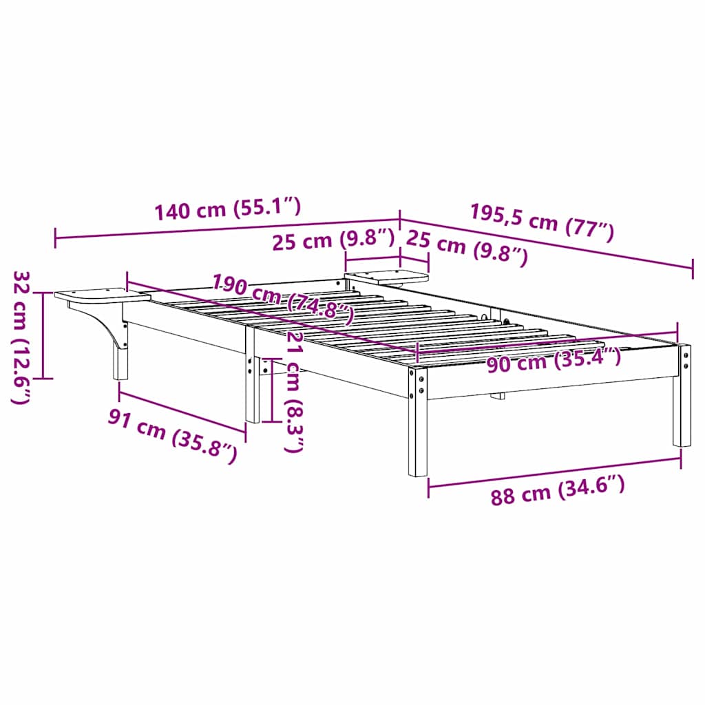 Sängram Vaxbrun 90 x 190 cm Massiv furu