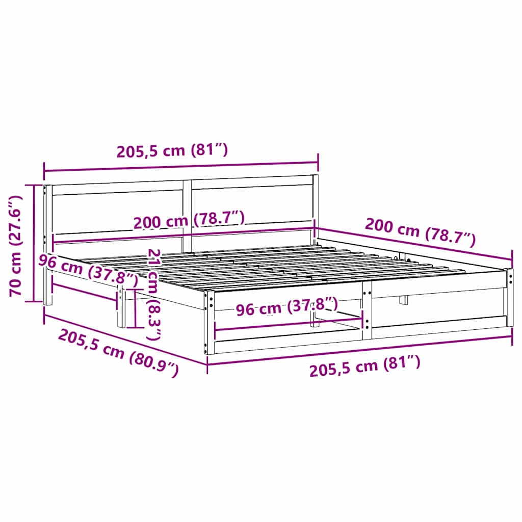 Sängram med huvudgavel Naturfärg 200 x 200 cm Massiv furu