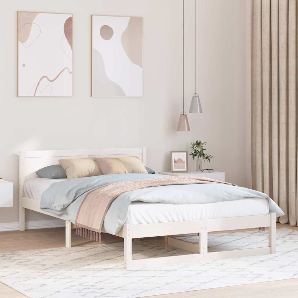 Sängram med huvudgavel Vit 140 x 190 cm Massiv furu