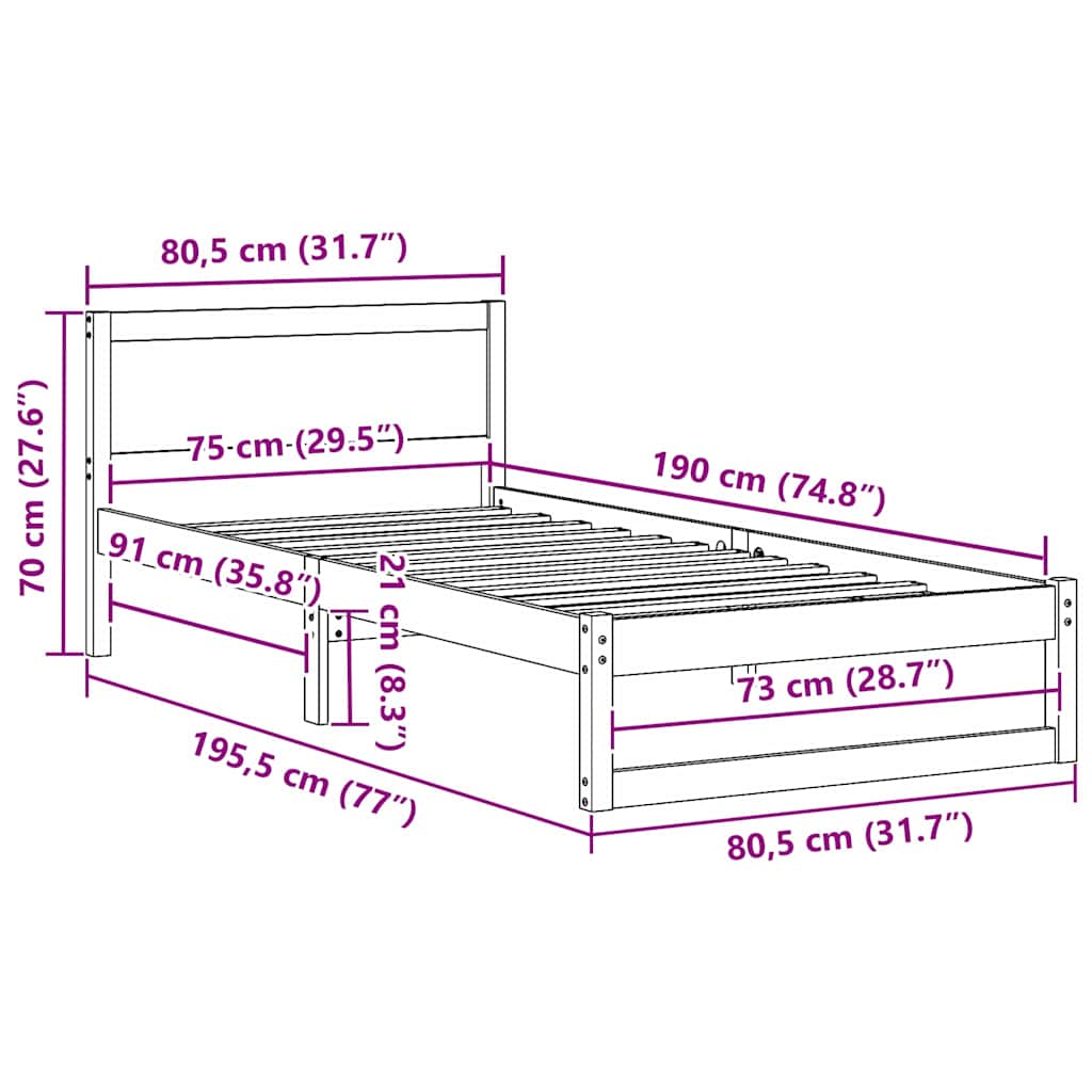 Sängram med huvudgavel Naturfärg 75 x 190 cm Massiv furu