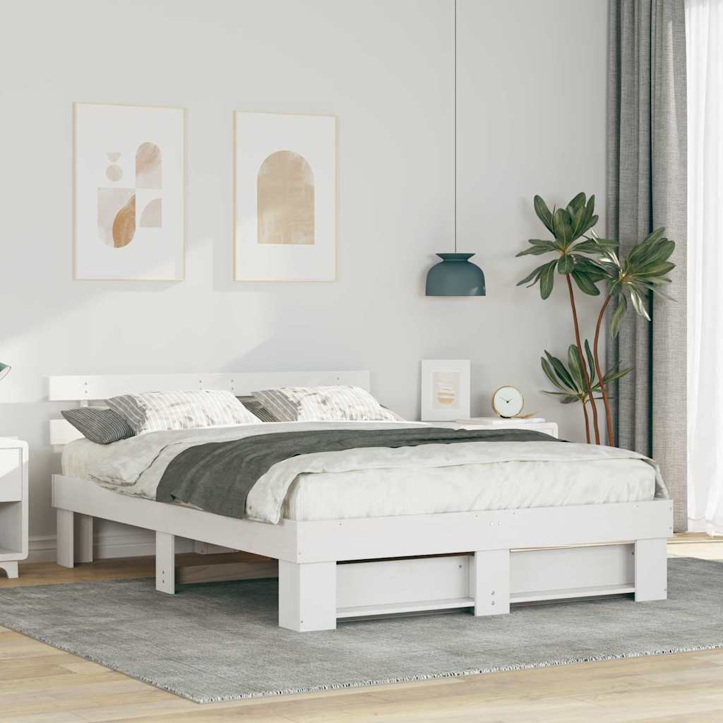 Sängram med huvudgavel Vit 140 x 200 cm Massiv furu