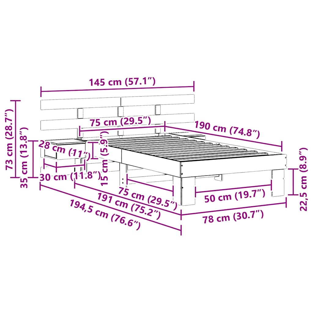 Sängram med huvudgavel Brun 75 x 190 cm Massiv furu