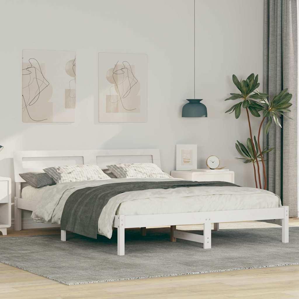 Sängram med huvudgavel Vit 160 x 200 cm Massiv furu