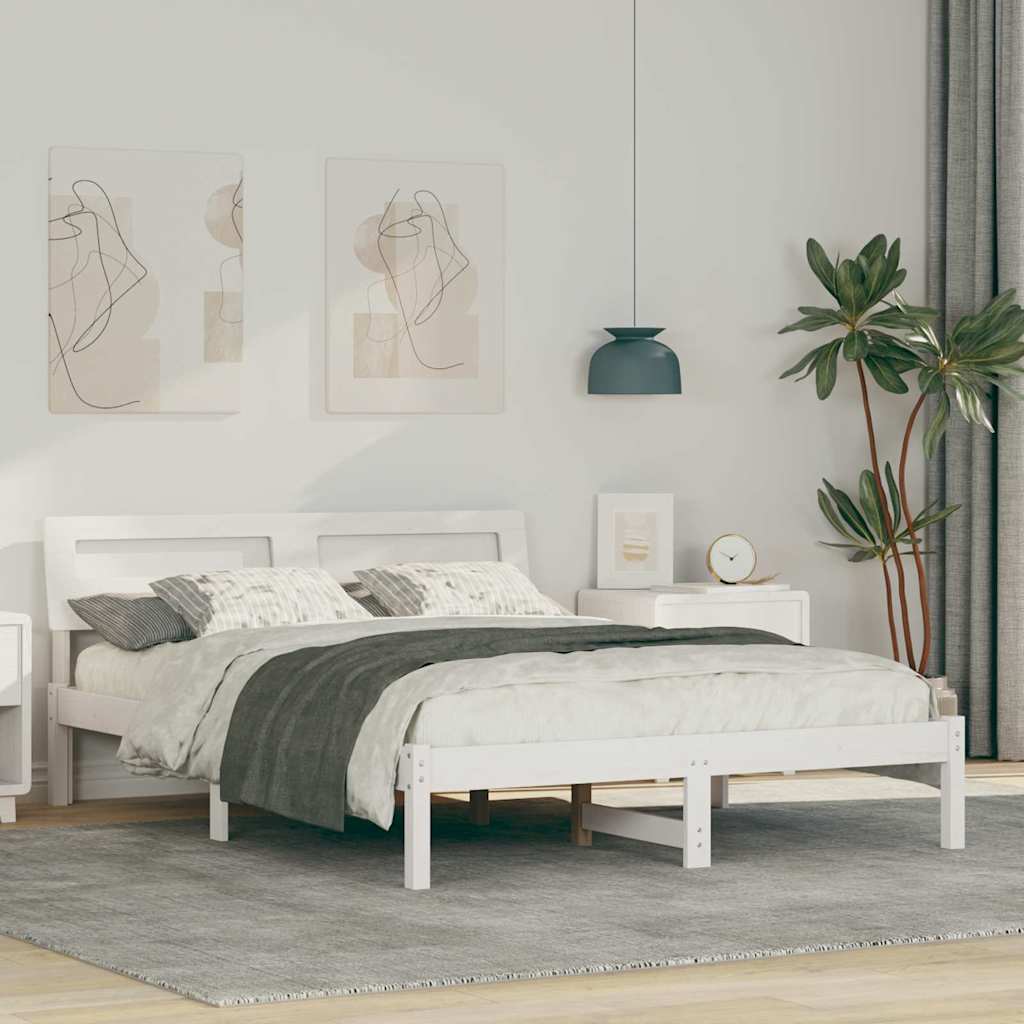 Sängram med huvudgavel Vit 135 x 190 cm Massiv furu