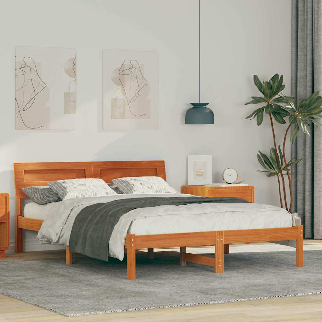 Sängram med huvudgavel Vaxbrun 135 x 190 cm Massiv furu