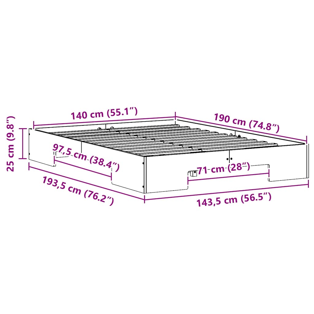 Sängram med lagring Brun 140 x 190 cm Massiv furu