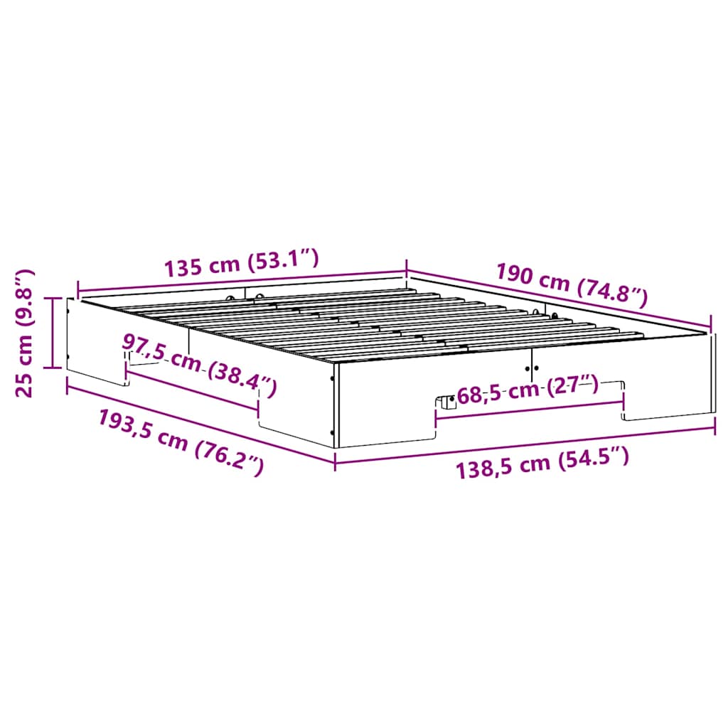 Sängram med lagring Brun 135 x 190 cm Massiv furu