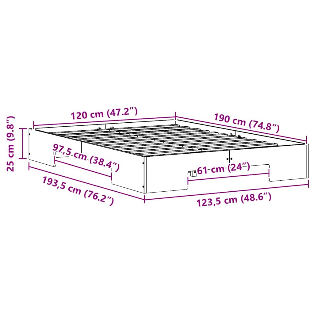 Sängram med lagring Brun 120 x 190 cm Massiv furu