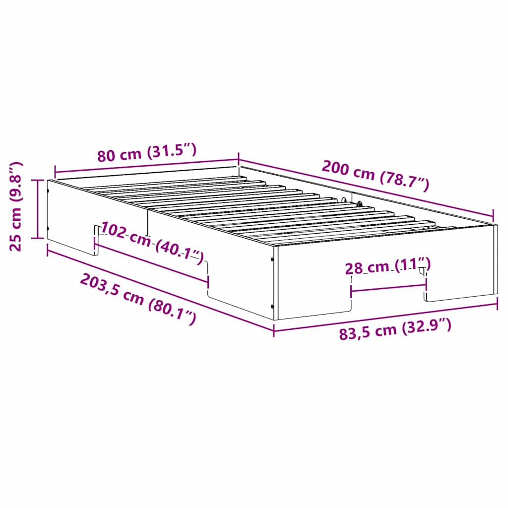 Sängram med lagring Vit 80 x 200 cm Massiv furu