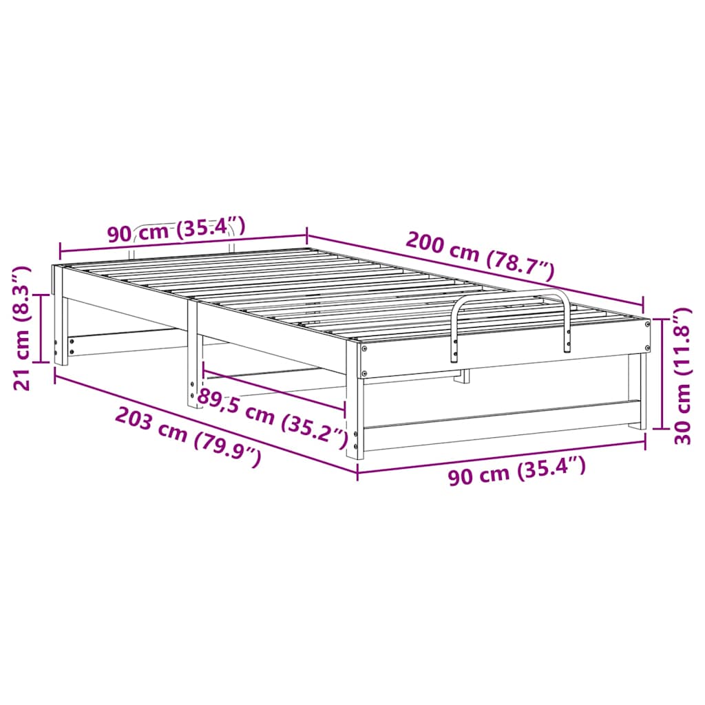 Sängram Vit 90 x 200 cm Massiv furu