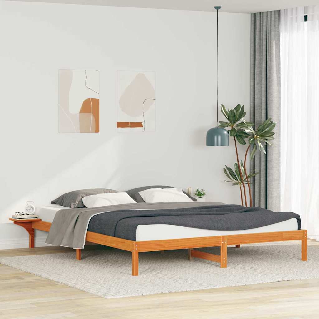 Sängram med sidobord Vaxbrun 200 x 210 cm Massiv furu