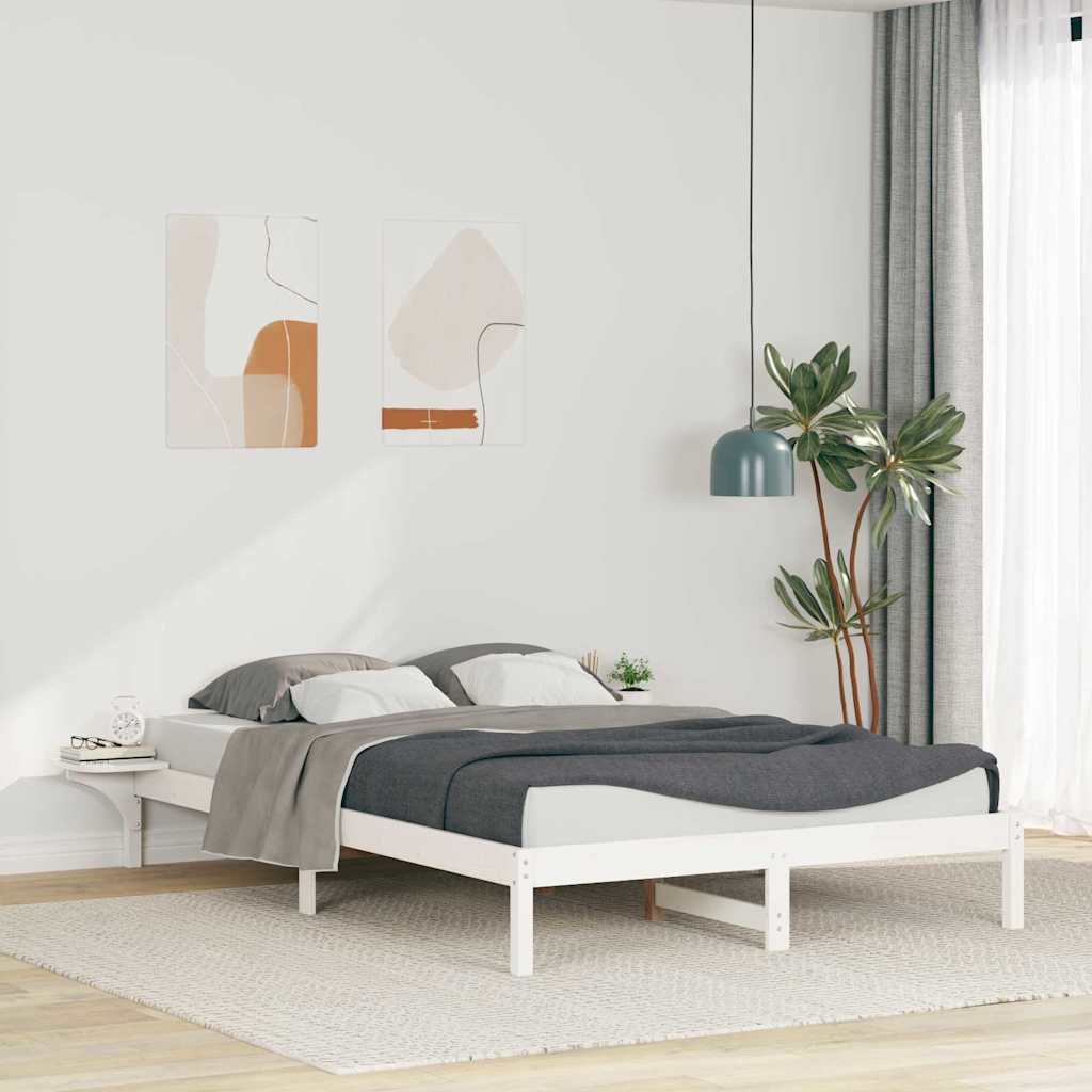 Sängram med sidobord Vit 160 x 220 cm Massiv furu