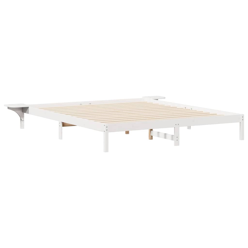 Sängram med sidobord Vit 180 x 220 cm Massiv furu