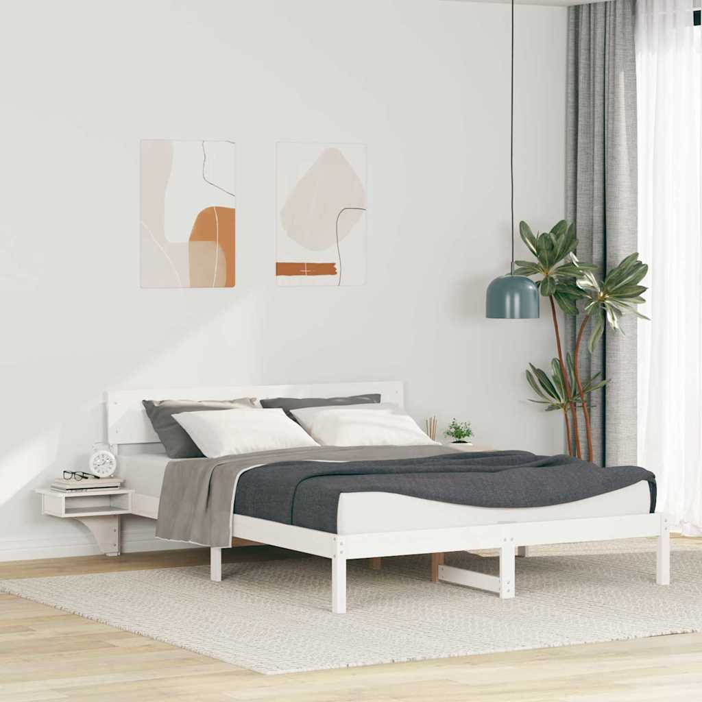 Sängram med huvudgavel Vit 160 x 200 cm Massiv furu
