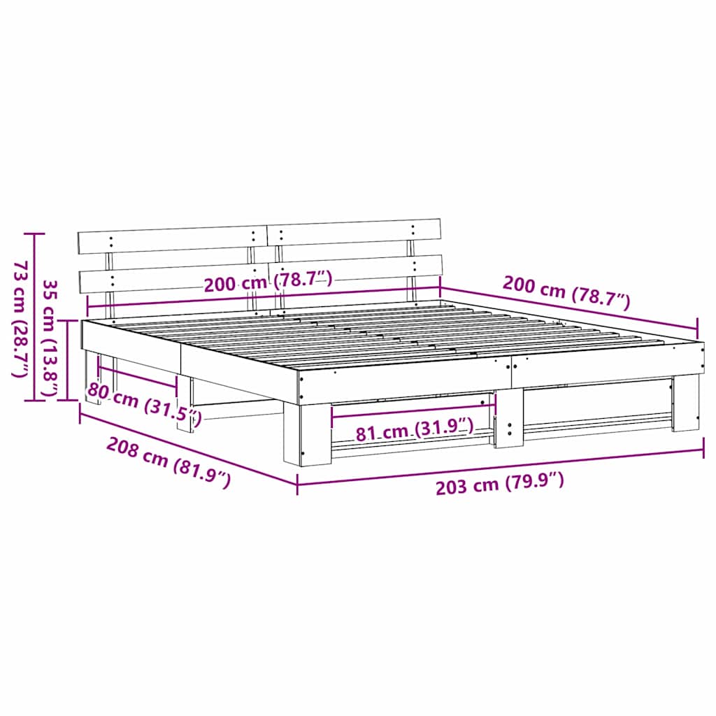 Sängram med huvudgavel Brun 200 x 200 cm Massiv furu