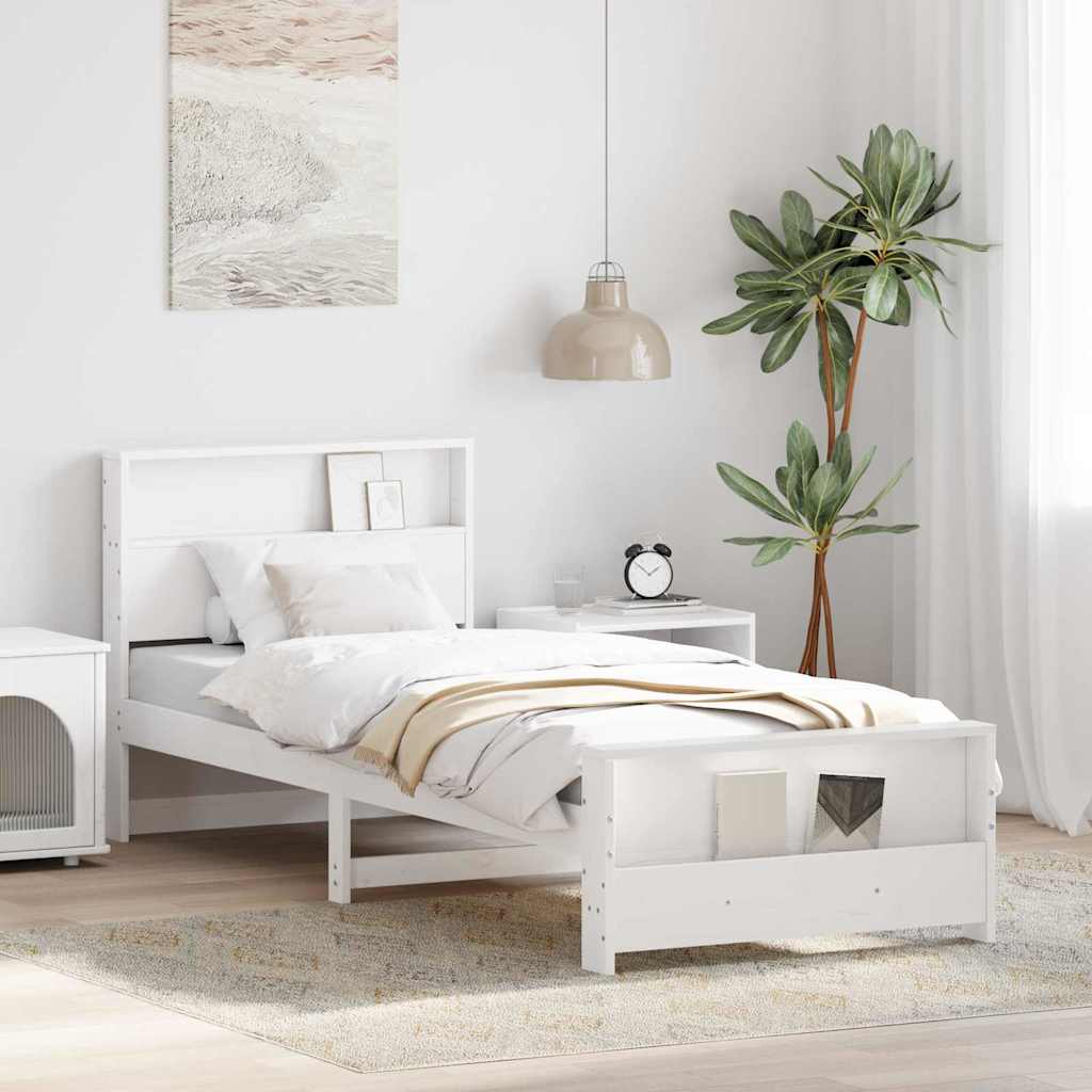 Sängram med hylla med huvudgavel Vit 90 x 200 cm Massivt furu