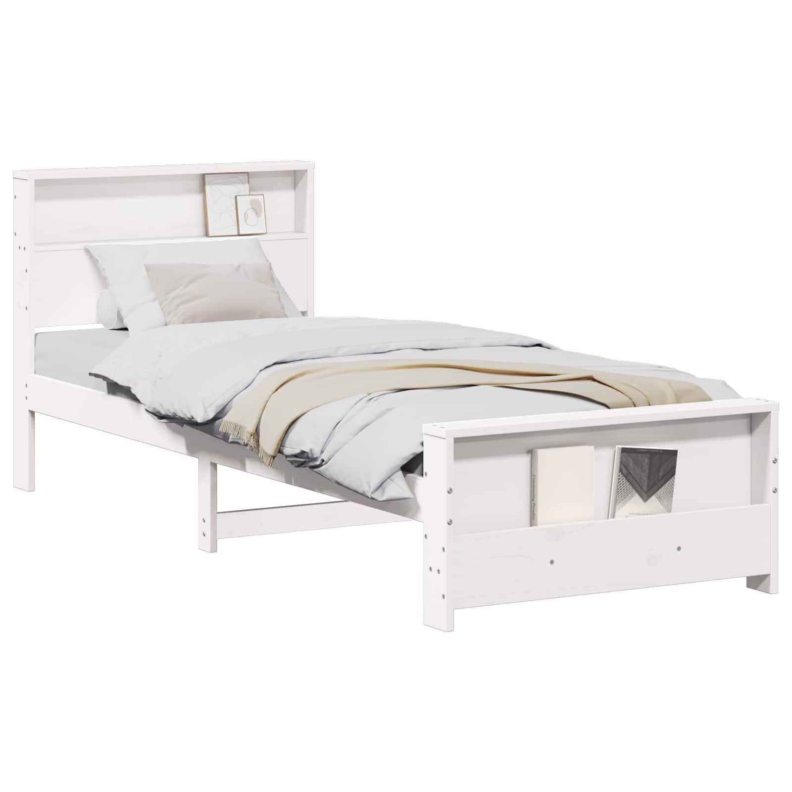 Sängram med hylla med huvudgavel Vit 90 x 200 cm Massivt furu