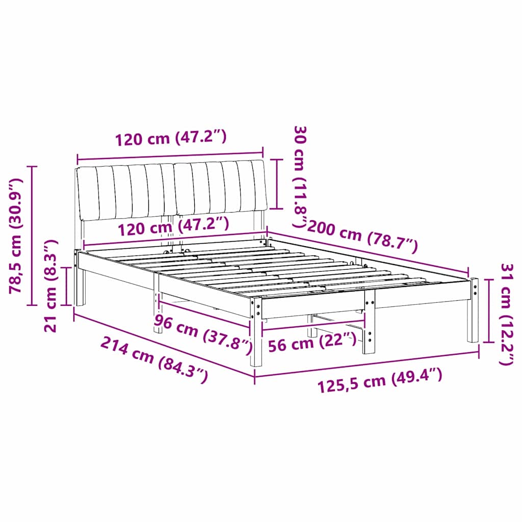 Sängram med huvudgavel Brun och svart 120 x 200 cm Massiv furu