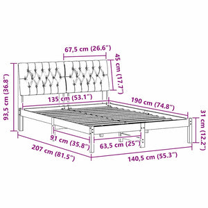 Sängram med Klädd Huvudgavel Brun 135 x 190 cm Massiv furu