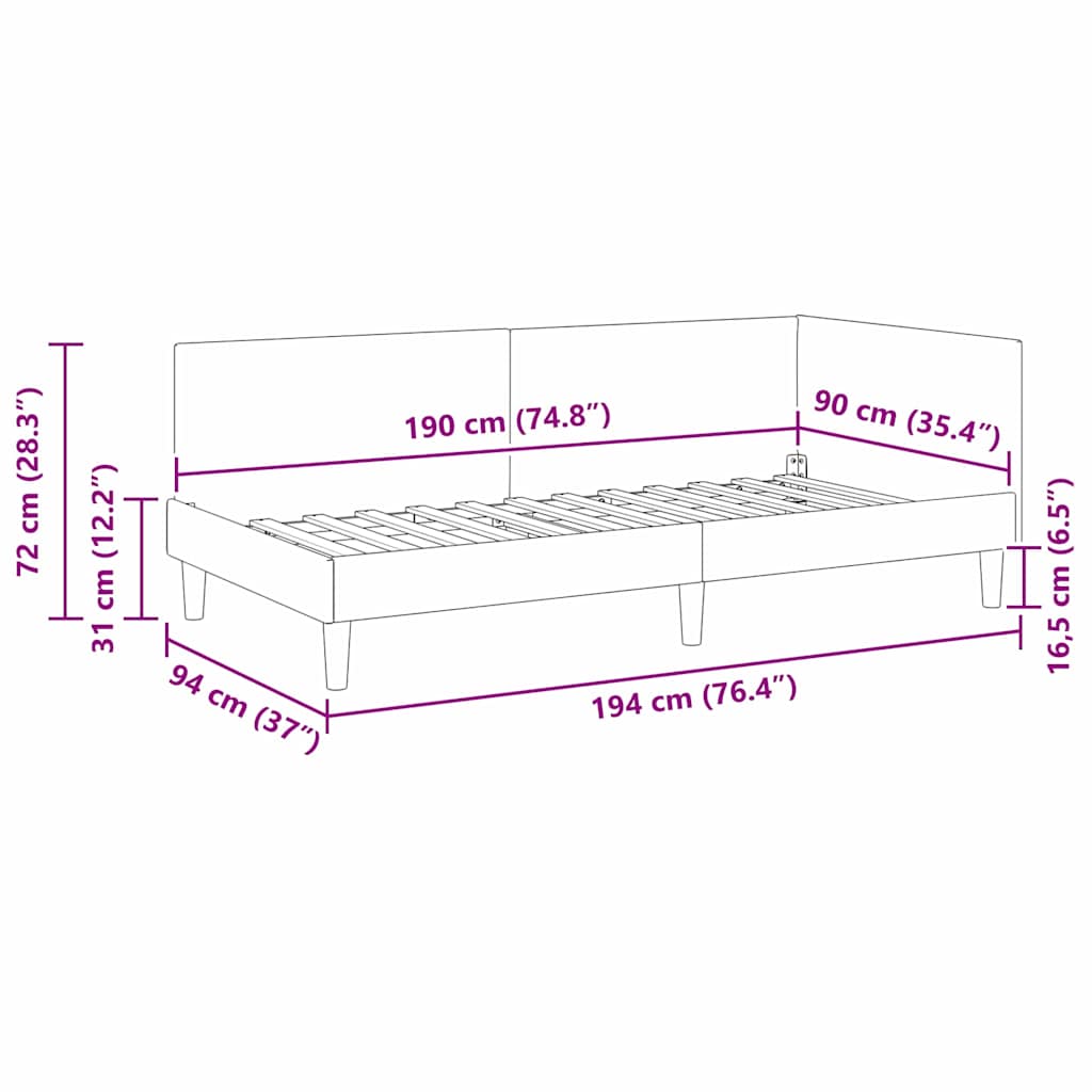 Hörn Sängram med huvudgavel Mörkgrå 90 cm x 190 cm Sammet