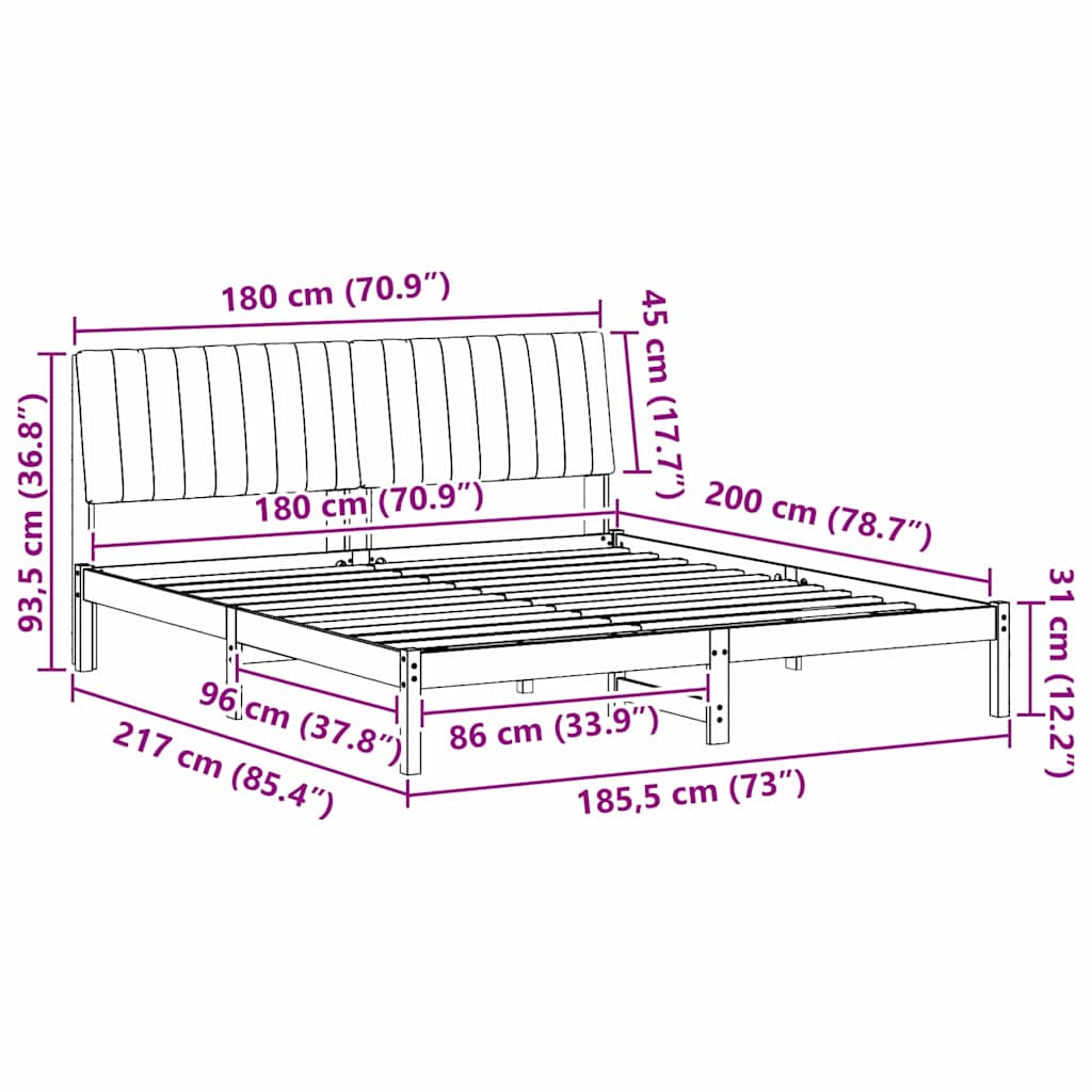 Sängram med huvudgavel Ljusgrå 180 x 200 cm Massiv furu