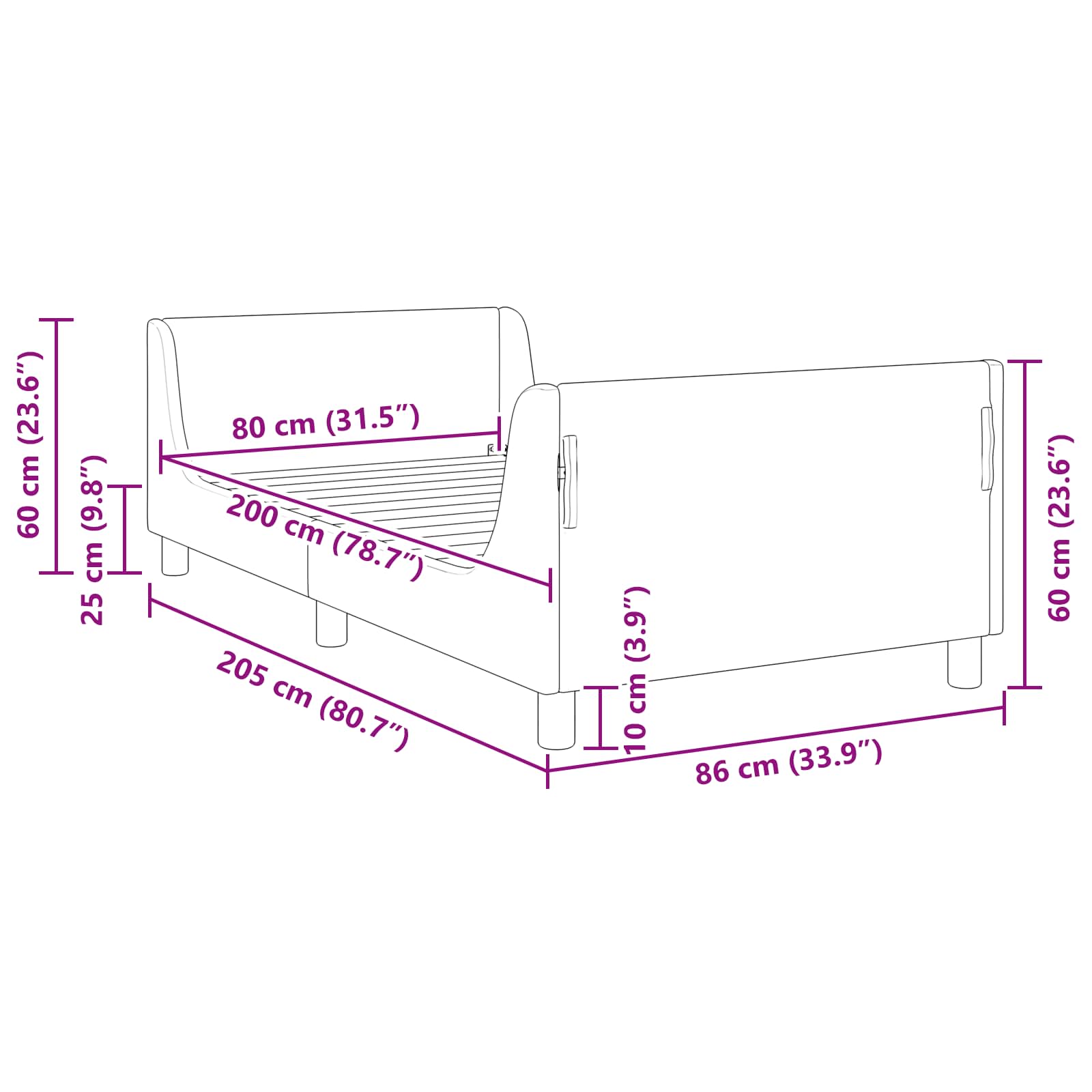 Barnsängram med sänggavel Lila 80 x 200 cm Sammet